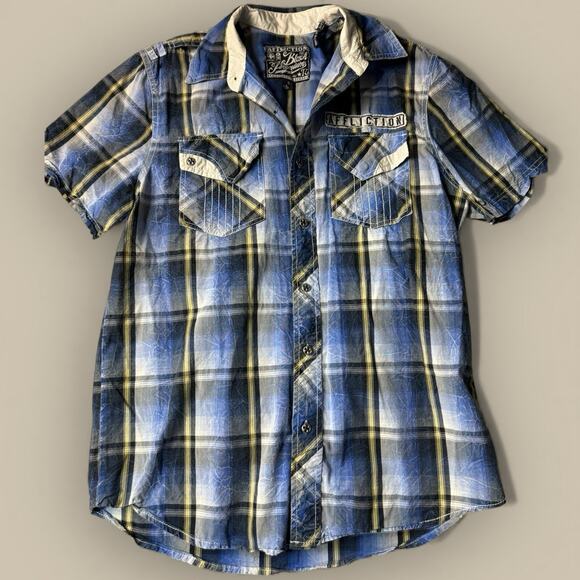 Affliction Premium Blue Plaid Short Sleeve Button Shirt Men Medium Y2K Grunge - Picture 1 of 4